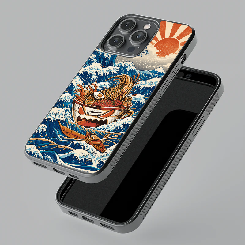 The Great Ramen Wave glass phone case, floating angle view