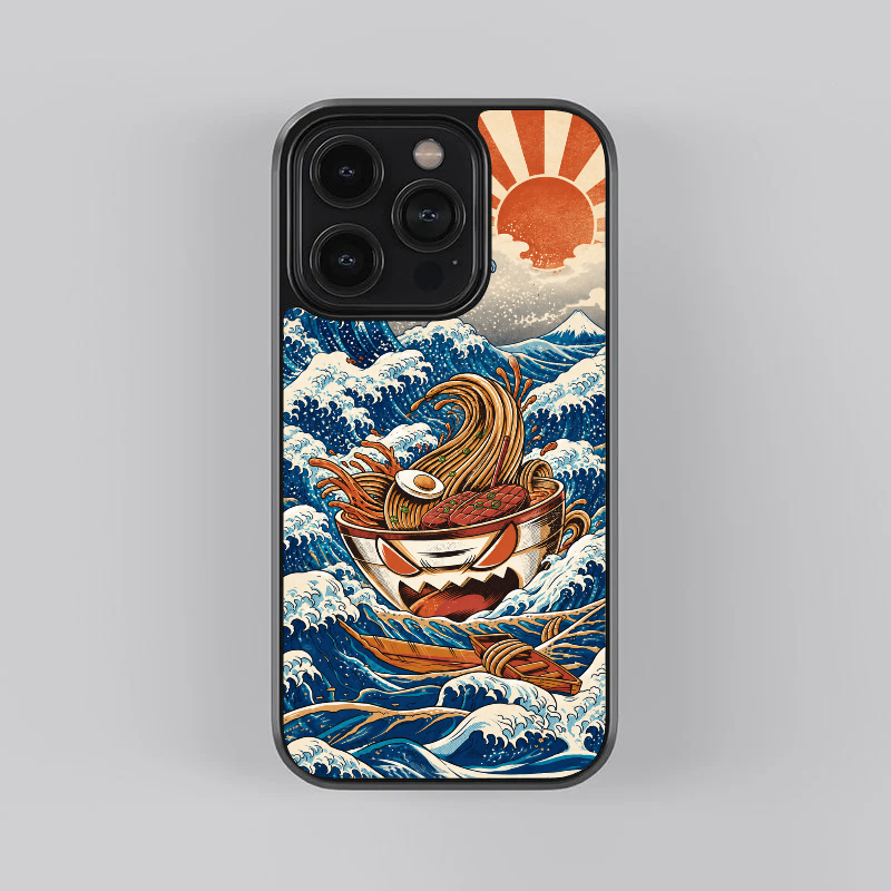 The Great Ramen Wave glass phone case, straight rear view