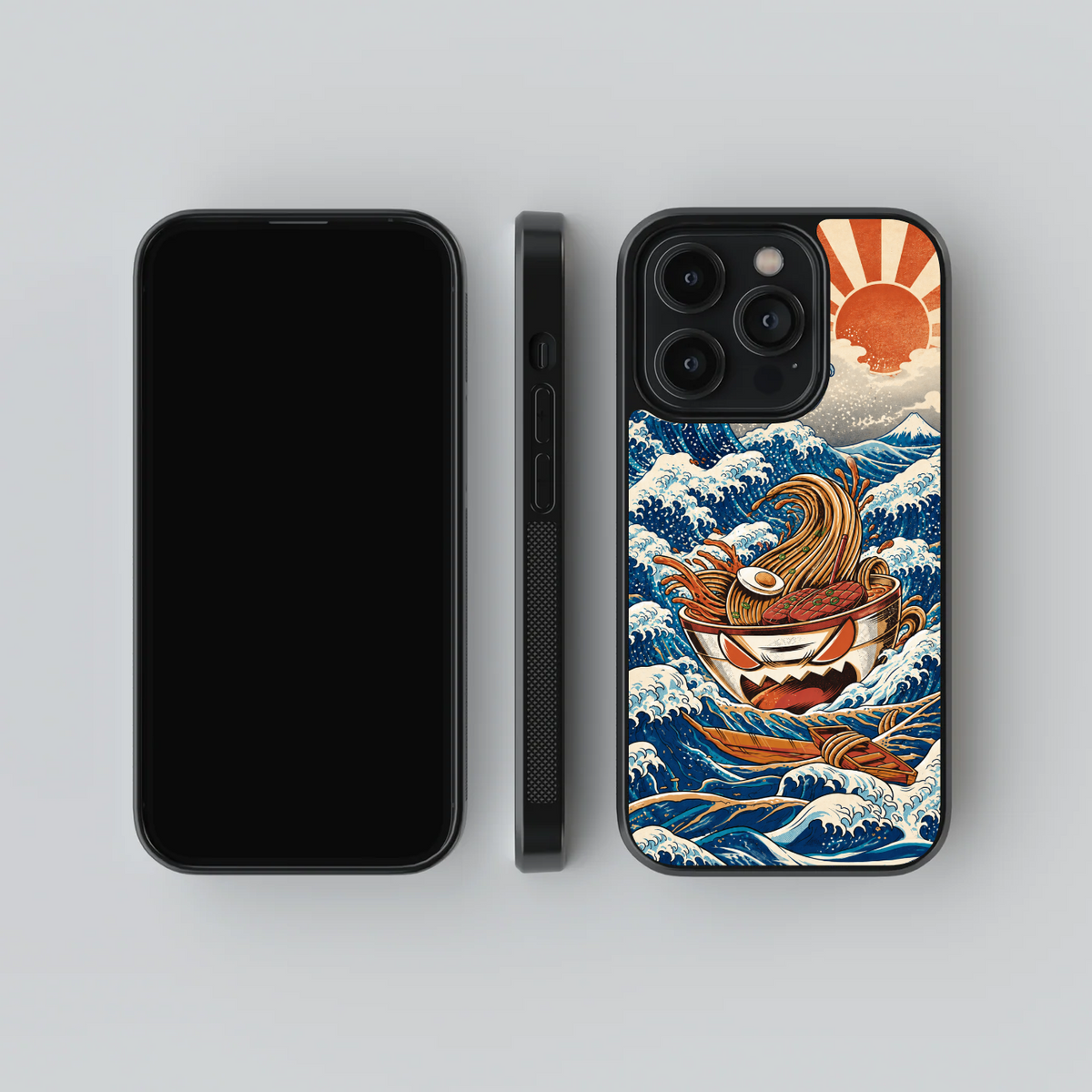 The Great Ramen Wave glass phone case, front, side and rear views